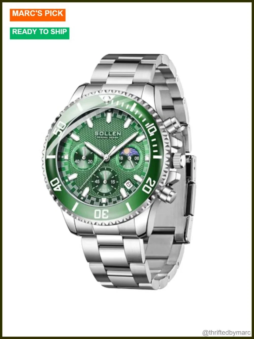 Men's Chronograph Watch Quartz Date Moon Phase 42.5mm Stainless Steel